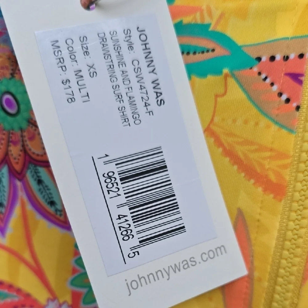 NWT Johnny Was Sunshine and Flamingo Drawstring Surf Shirt Multicolor Floral UV
